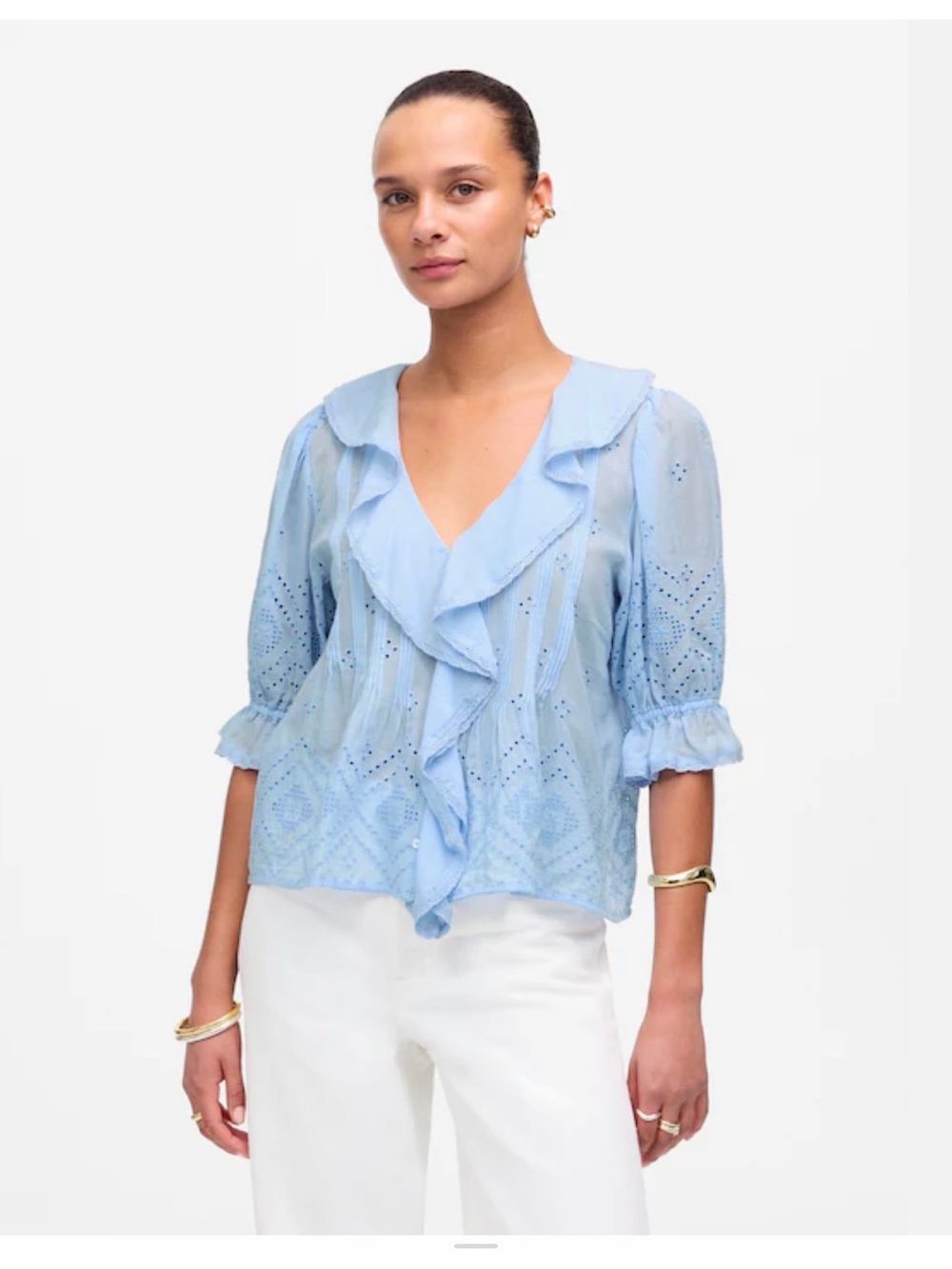 Madewell Blue Pintuck Ruffle Puff Sleeve Top M NWT